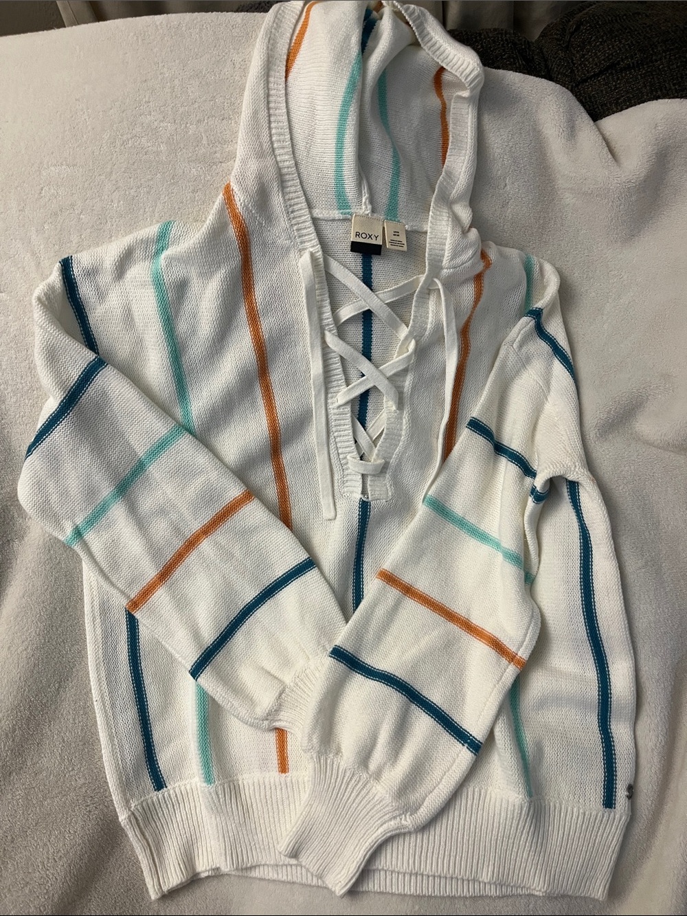 Roxy White Striped Lace-Up V-Neck Hoodie Sweater - Teal, Navy, Orange